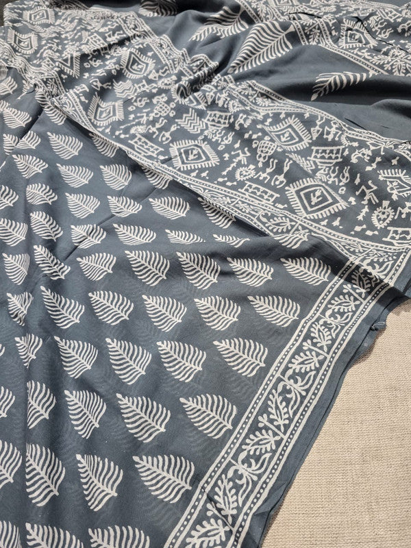 Handblock printed cotton mulmul saree