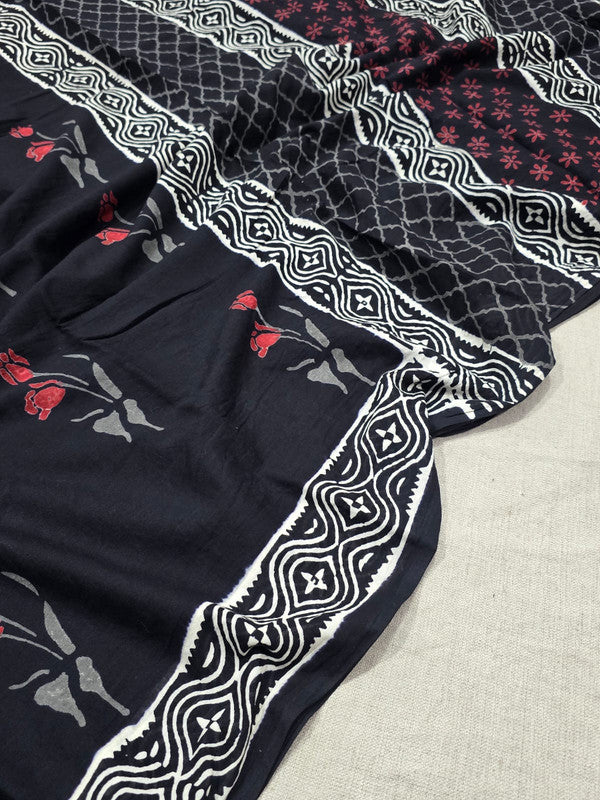 Handblock printed cotton mulmul saree