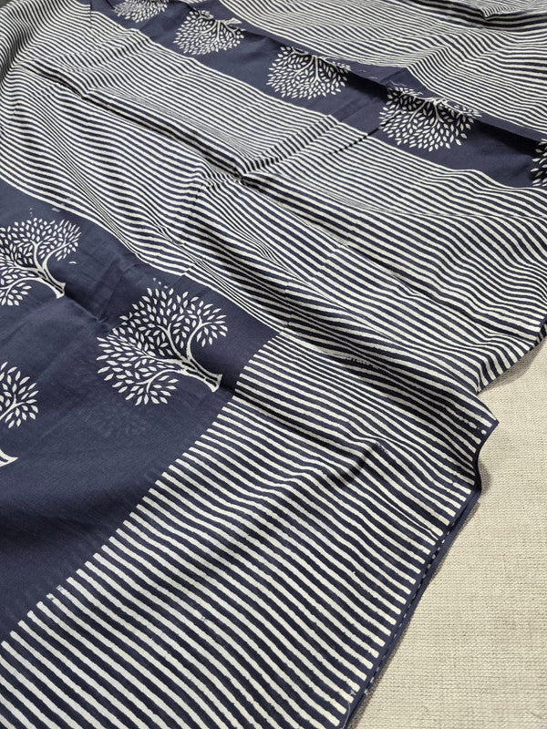 Handblock printed cotton mulmul saree