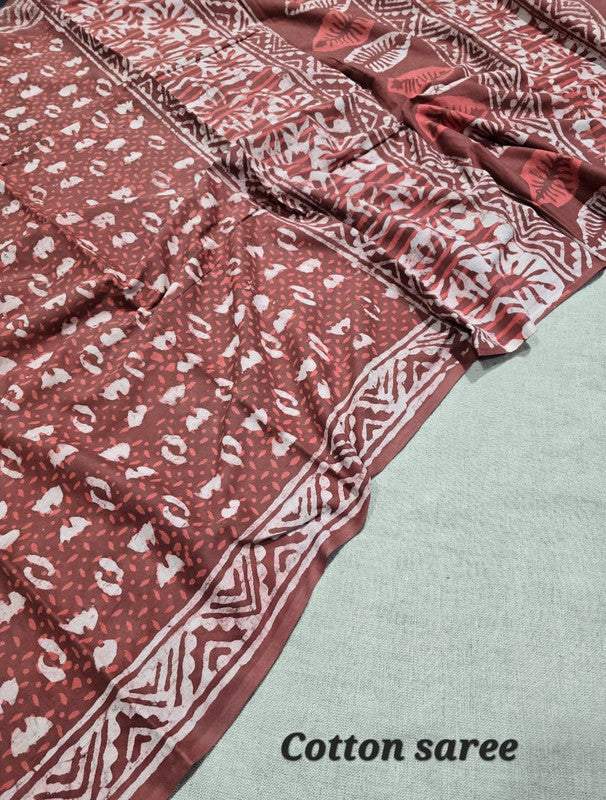 Handblock printed cotton mulmul saree