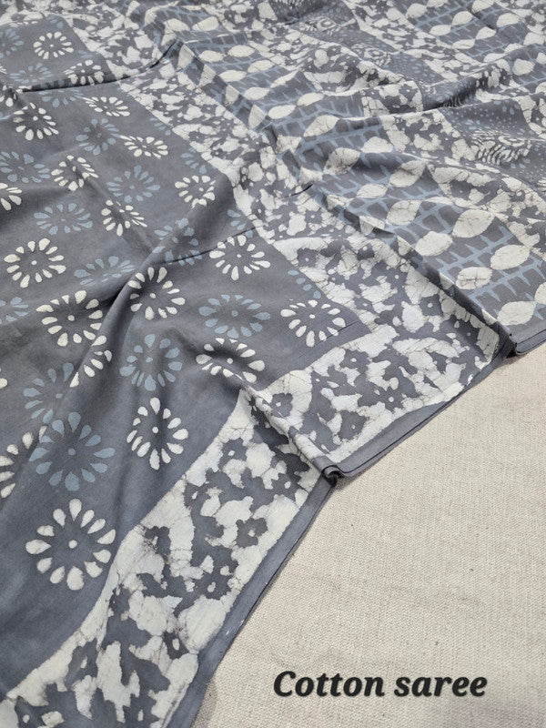 Handblock printed cotton mulmul saree