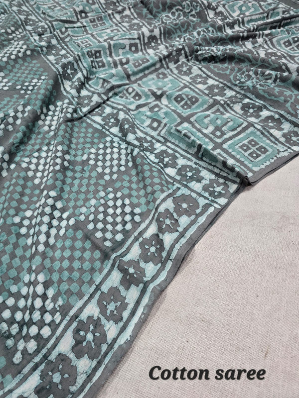 Handblock printed cotton mulmul saree
