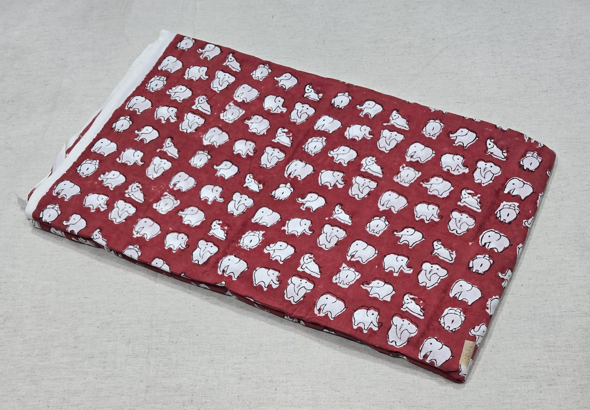 Laal Hathi Cotton Maroon Elephant Printed Cotton Fabric (SANGANERI)