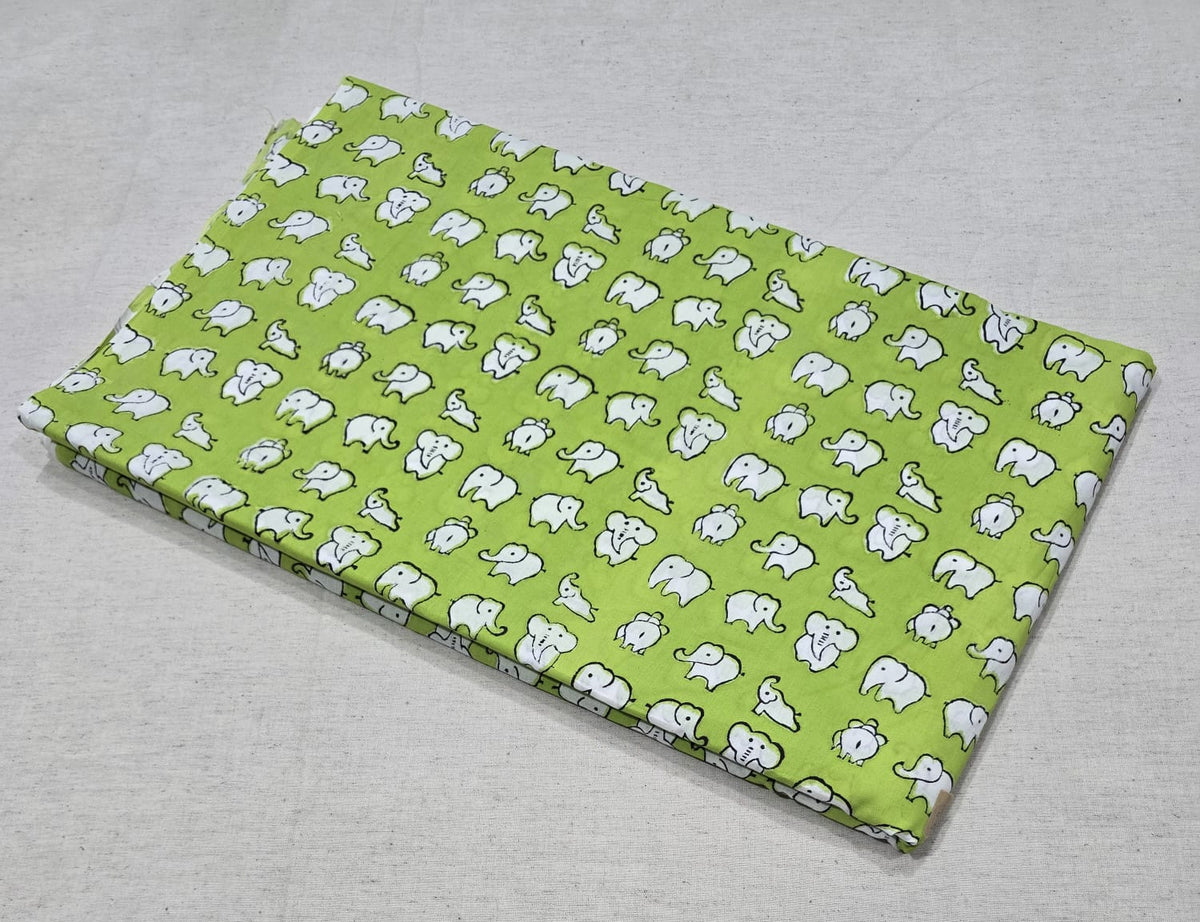Hathi Masti Cotton White Elephant Printed Cotton Fabric (SANGANERI)