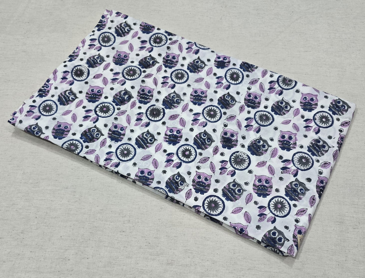 Owl Garden Cotton Purple & Navy Owl Printed Cotton Fabric (SANGANERI)