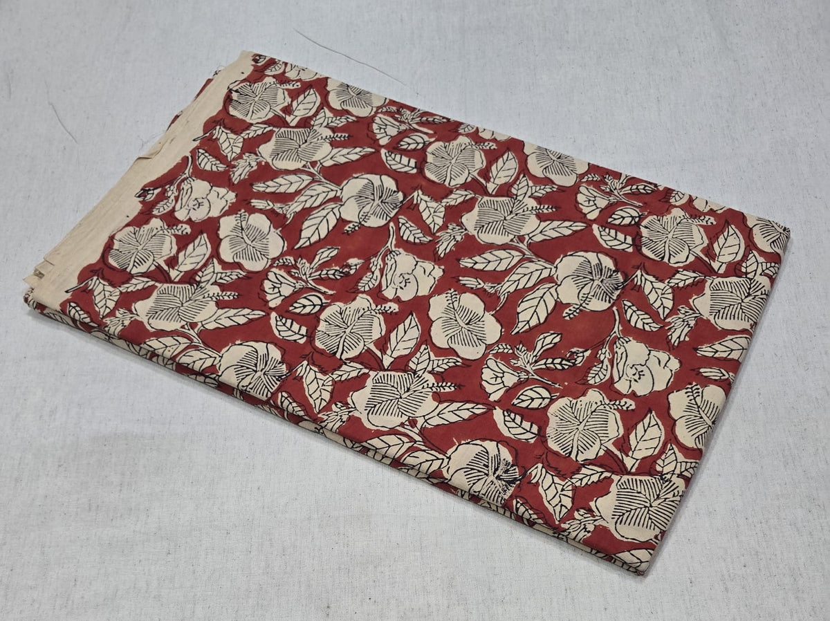 Rust Red Floral Printed Cotton Fabric – Cream Flower & Leaf Print (BAGRU)
