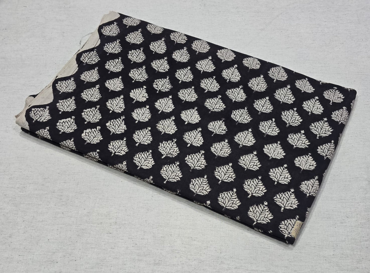 Black Floral Printed Cotton Fabric – White Leaf Motif (BAGRU)