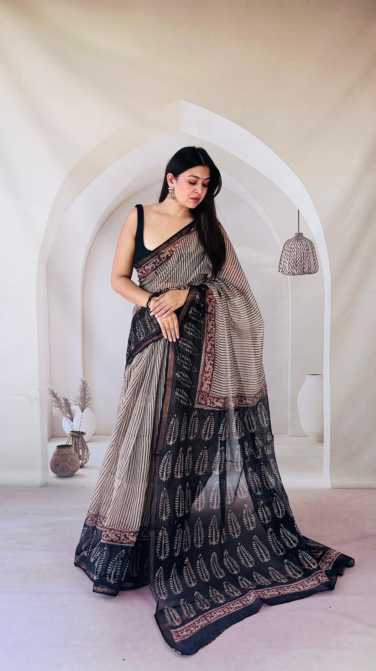 Charcoal Stripes Maroon Border Kota Saree KDs