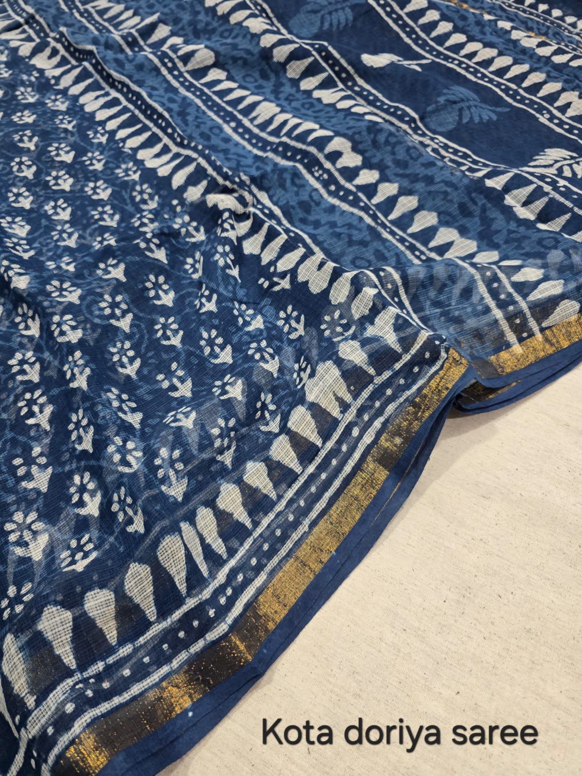 Navy Blue Floral Border Kota Doriya Saree KDs