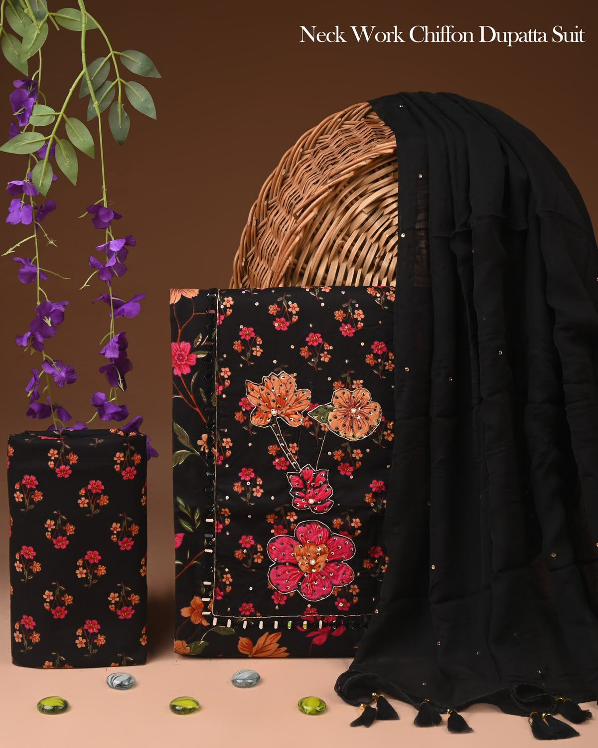 Black Cotton Suit with Pink Floral Print & Handcrafted Neck Detailing