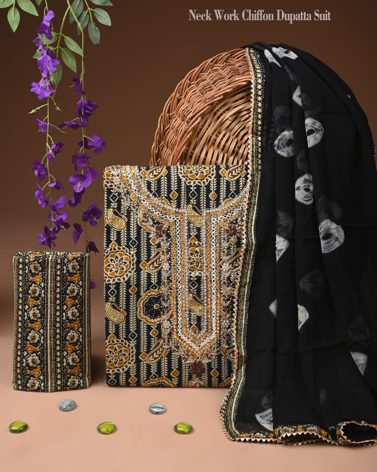 Classic Black & Golden Striped Cotton Suit with Heavy Neck Embroidery & Dupatta