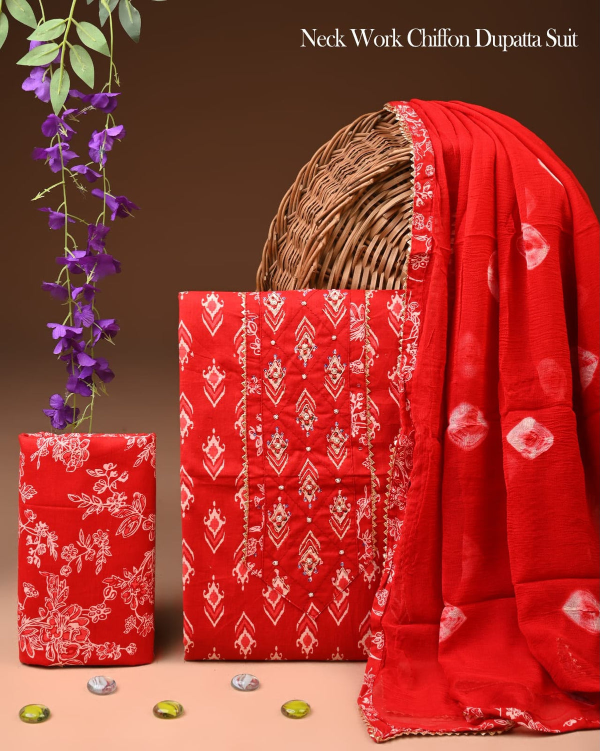 Vibrant Red Cotton Suit with Floral & Bandhani Print with Chiffon Dupatta