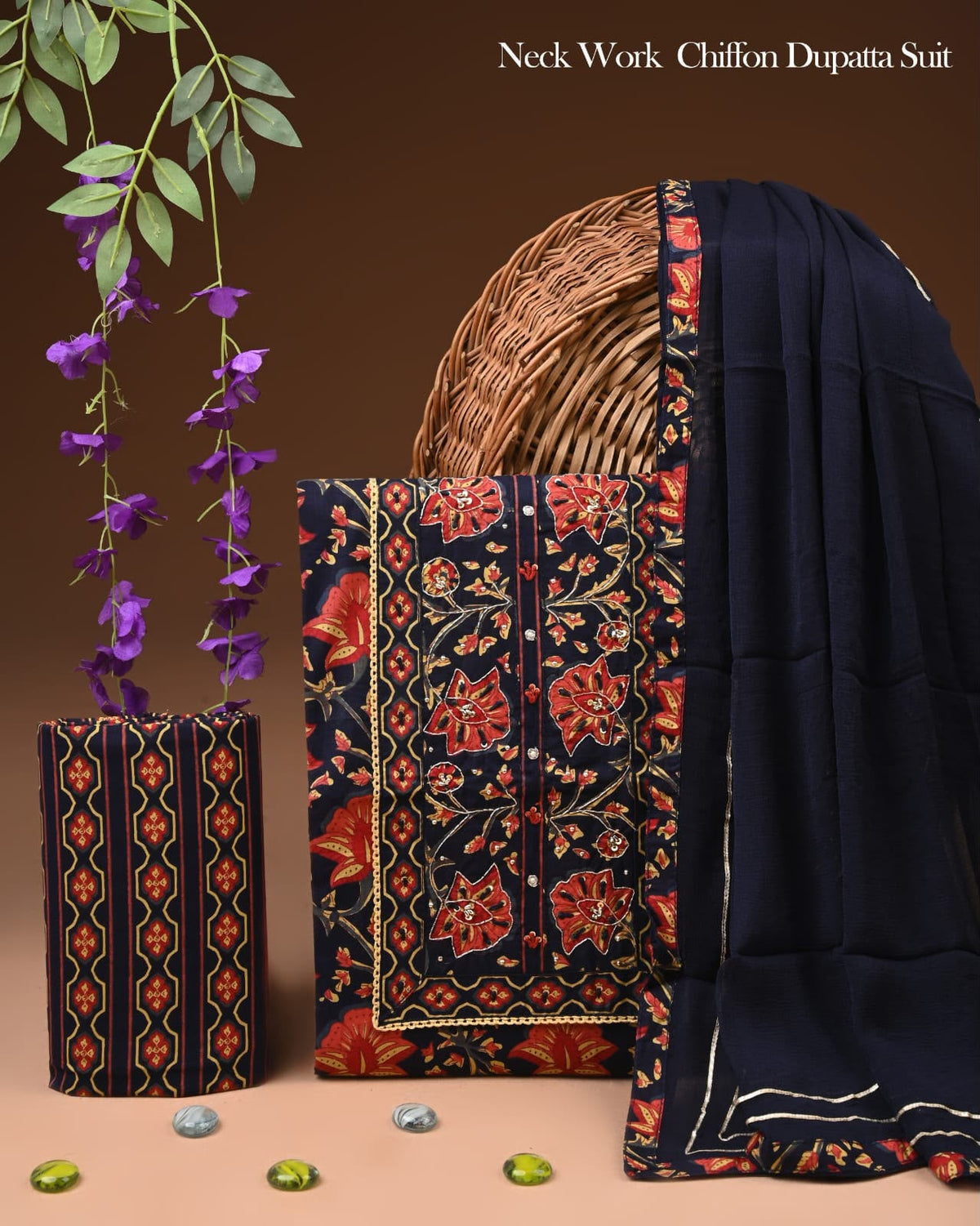 Navy Blue Cotton Suit with Red Floral Vine Print & Zari Border Dupatta