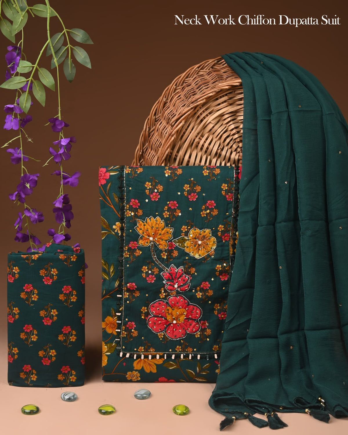Dark Pine Green Cotton Suit with Floral Applique & Sequin Work Dupatta