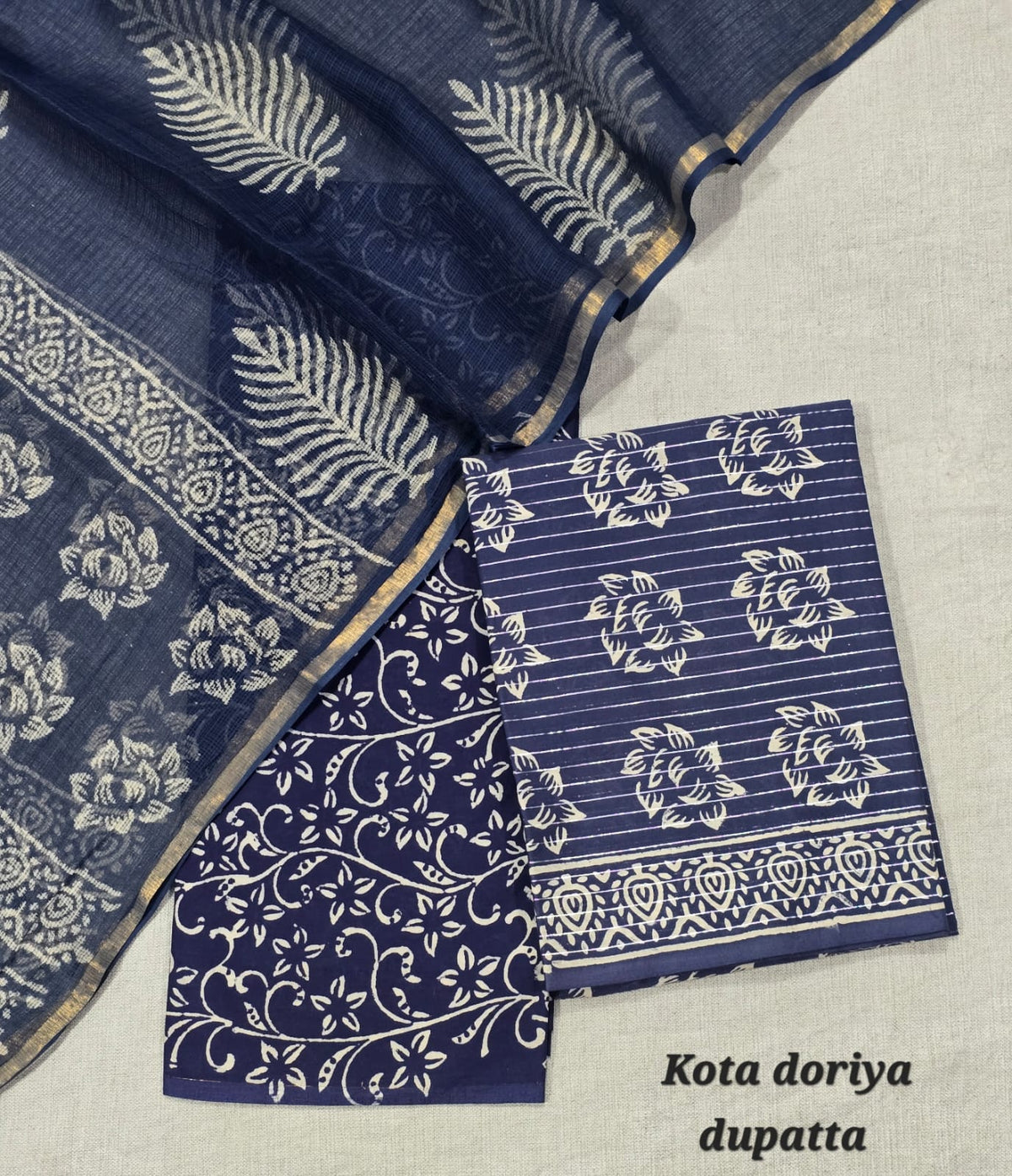 Traditional Navy Blue Cotton Hand Block Suit with Kota Doriya Dupatta