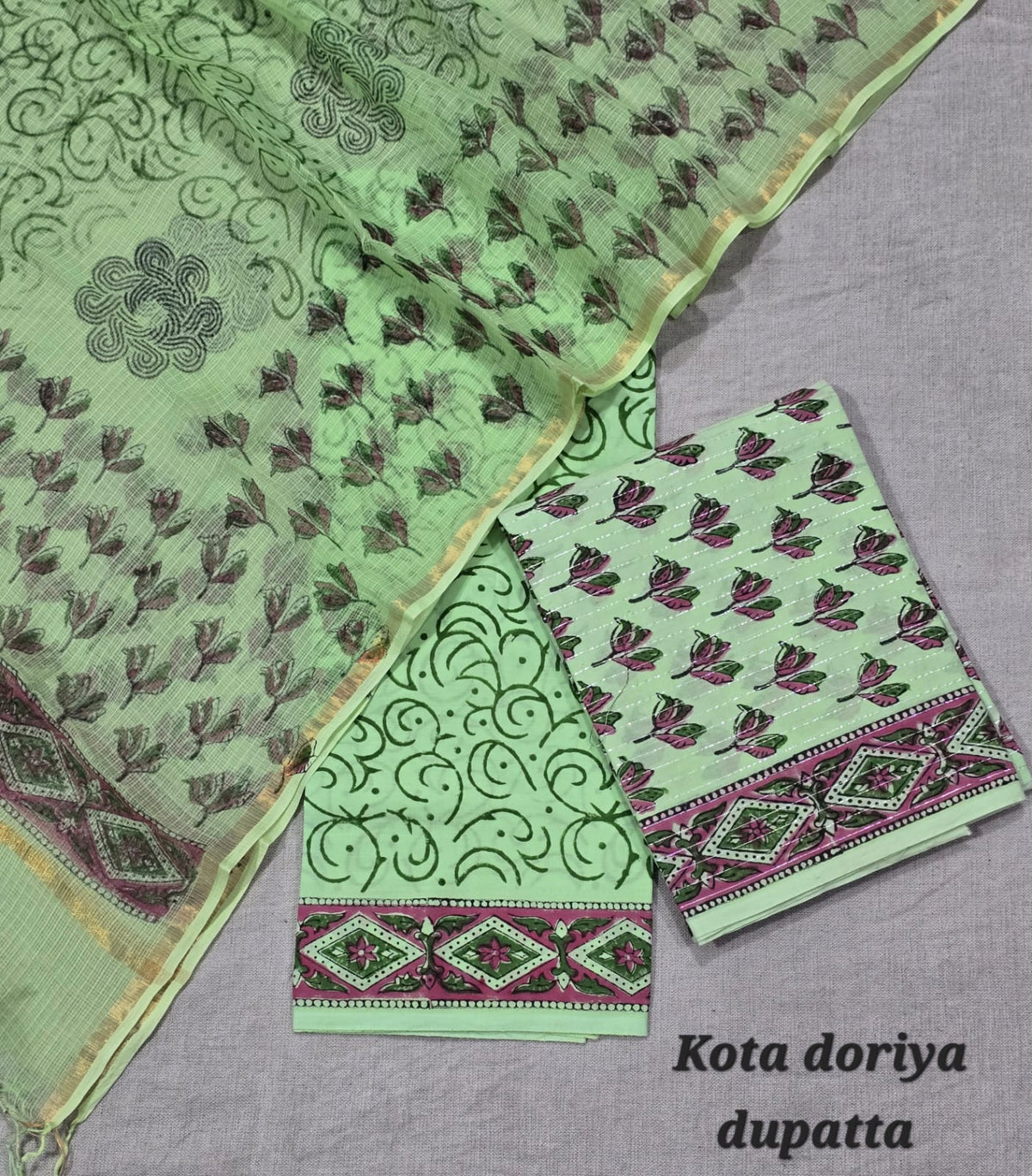 Mint Green Floral Hand Block Cotton Suit with Kota Doriya Dupatta