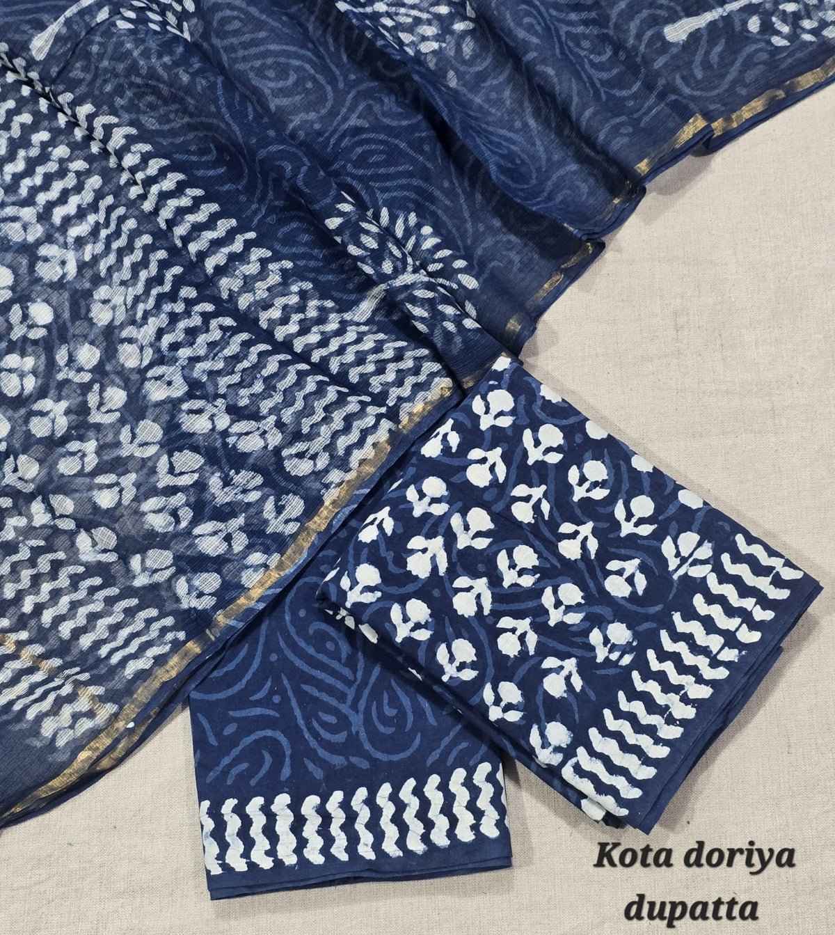 Indigo Blue Hand Block Floral Cotton Suit with Kota Doriya Dupatta