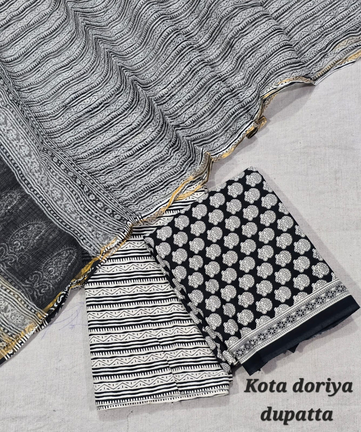 Monochrome Striped & Floral Block Print Cotton Suit with Kota Doriya