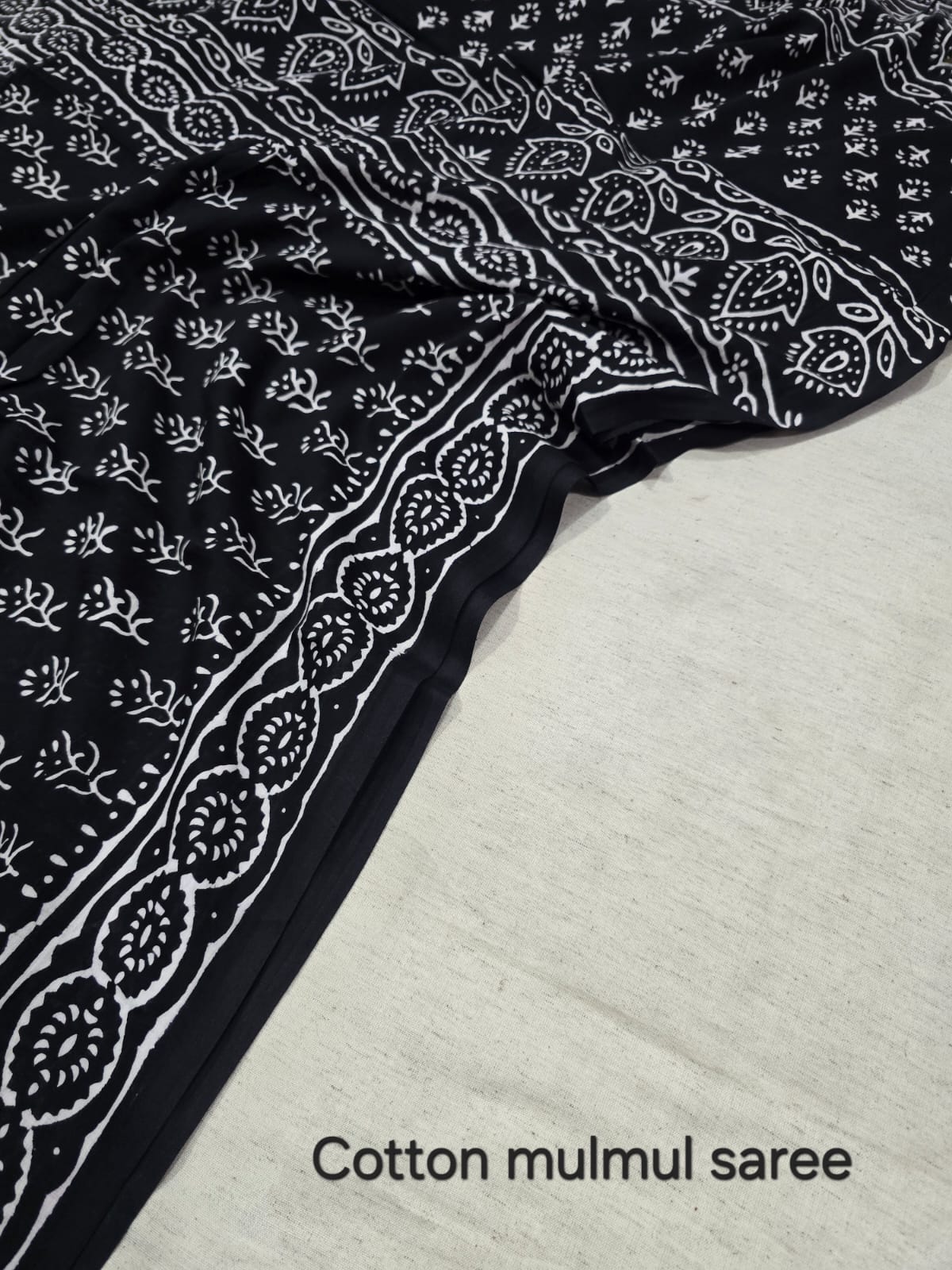 Classic Black & White Floral Hand Block Cotton Mulmul Saree