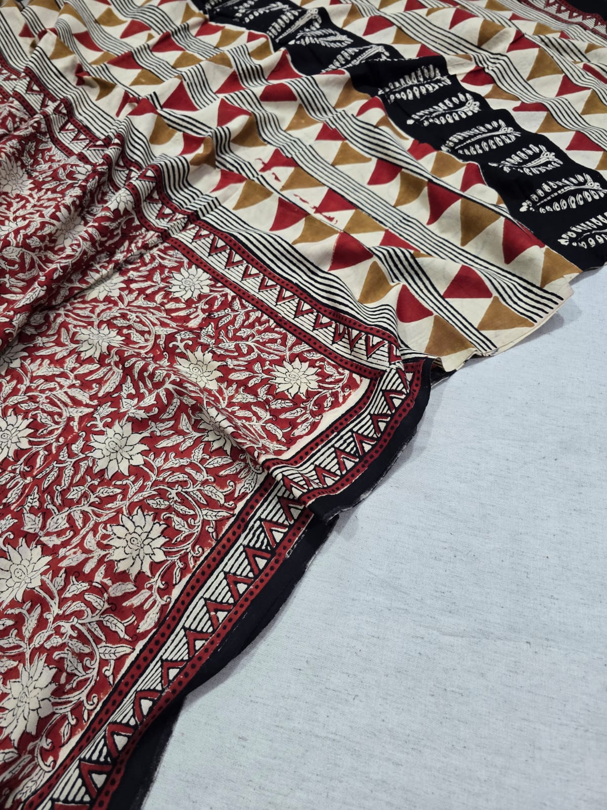 Traditional Cream & Maroon Hand Block Printed Cotton Mulmul Saree