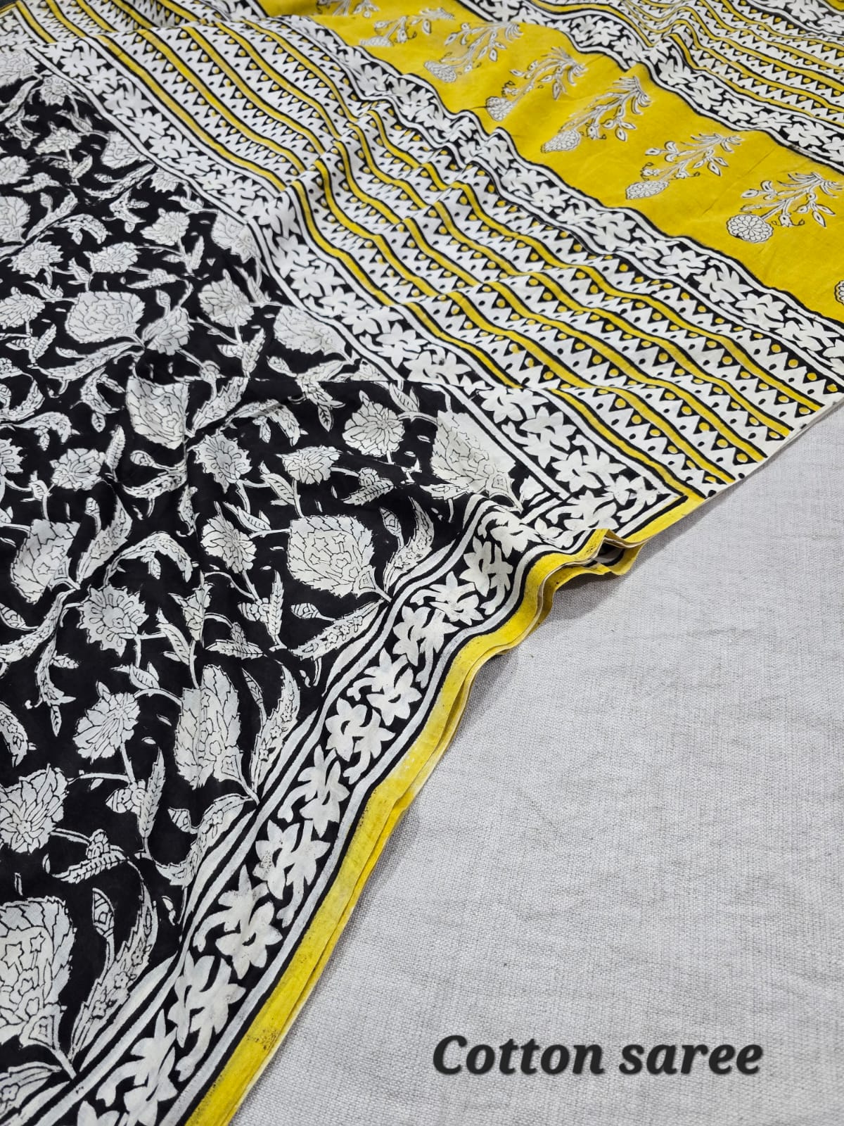 Black & Yellow Floral Hand Block Print Cotton Mulmul Saree