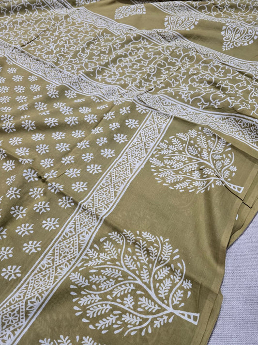 Handblock printed cotton mulmul saree