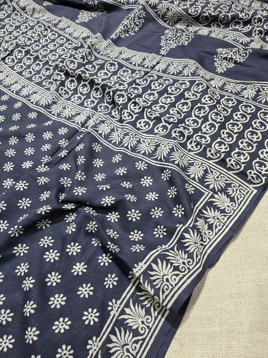 Handblock printed cotton mulmul saree