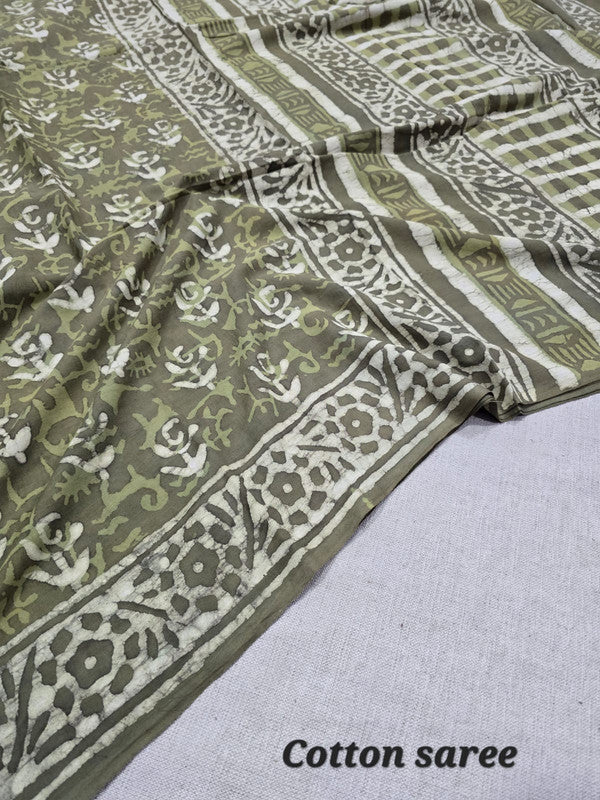 Handblock printed cotton mulmul saree