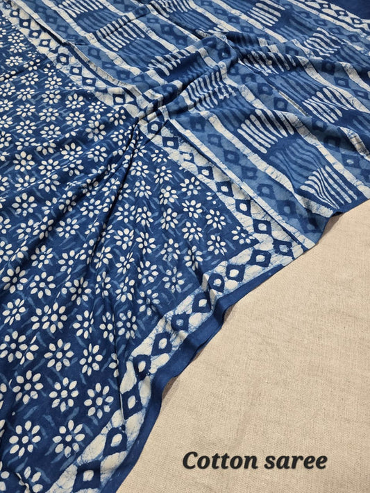 Handblock printed cotton mulmul saree