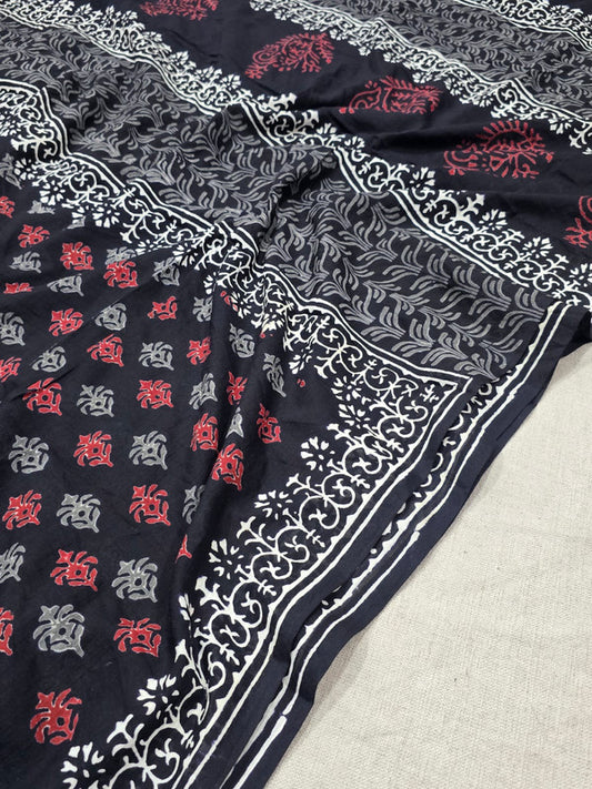 Handblock printed cotton mulmul saree