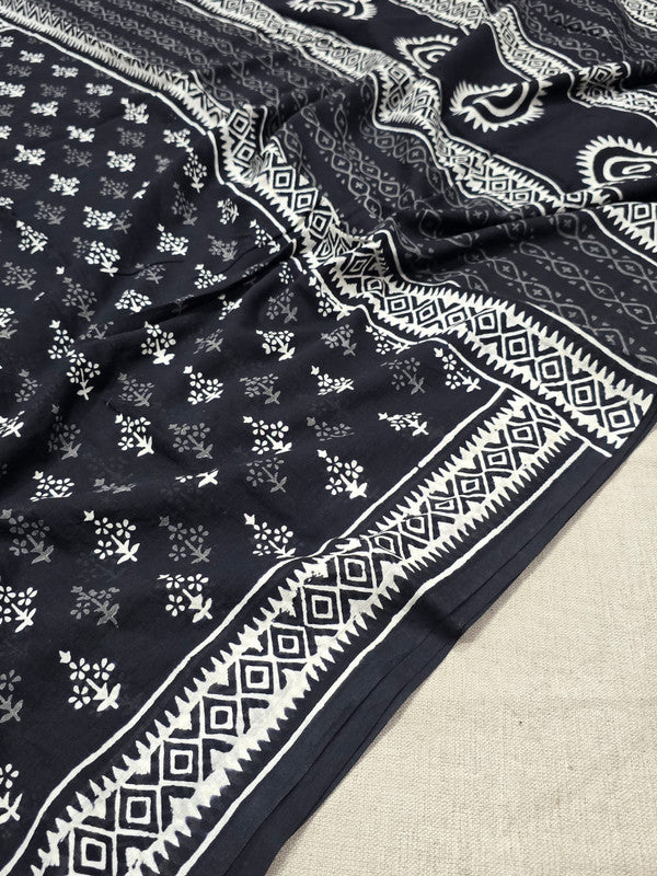 Handblock printed cotton mulmul saree