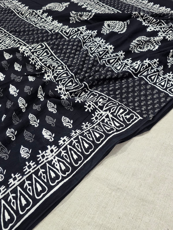 Handblock printed cotton mulmul saree