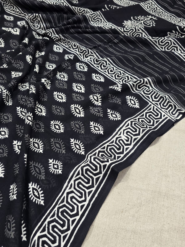 Handblock printed cotton mulmul saree
