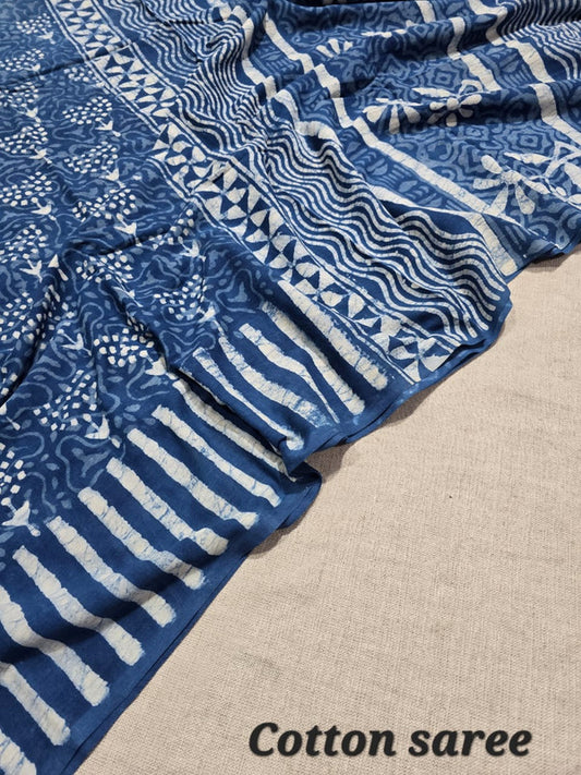 Handblock printed cotton mulmul saree