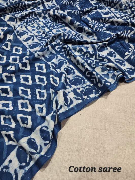Handblock printed cotton mulmul saree