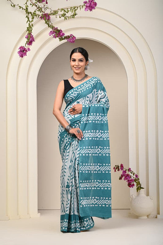 Handblock printed cotton mulmul saree