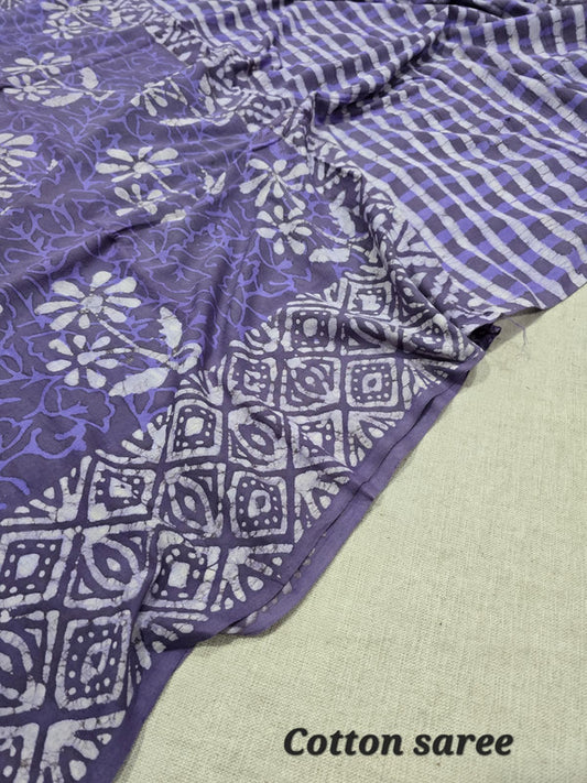 Handblock printed cotton mulmul saree