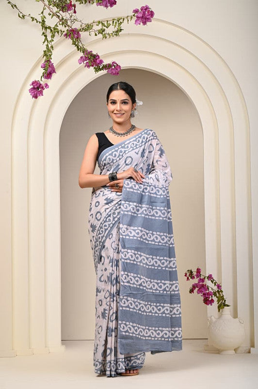 Handblock printed cotton mulmul saree