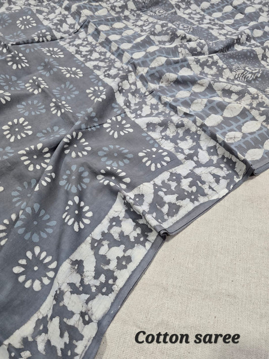Handblock printed cotton mulmul saree