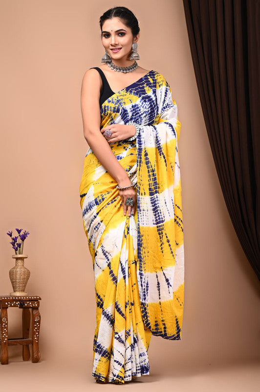 Handblock printed cotton mulmul saree