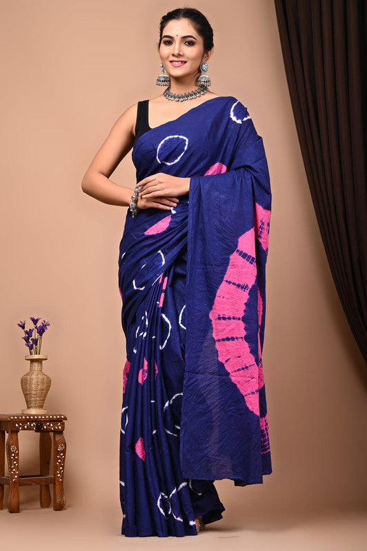 Handblock printed cotton mulmul saree