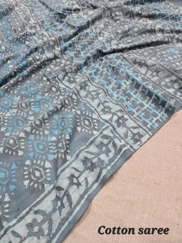 Handblock printed cotton mulmul saree
