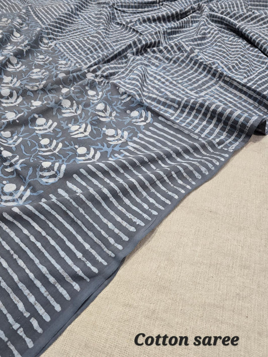 Handblock printed cotton mulmul saree