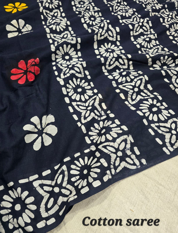 Handblock printed cotton mulmul saree