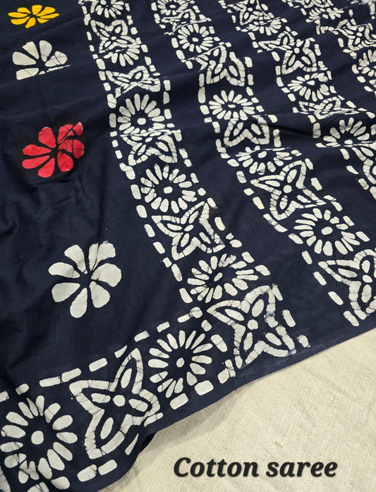 Handblock printed cotton mulmul saree