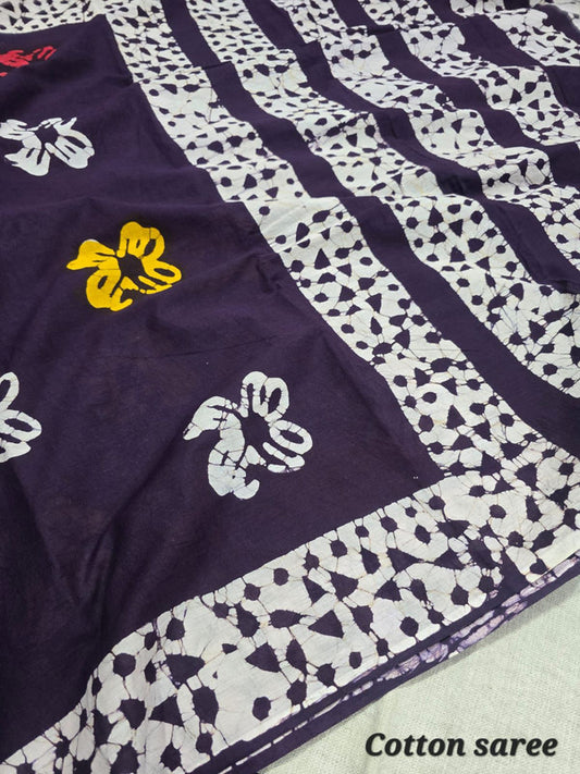 Handblock printed cotton mulmul saree