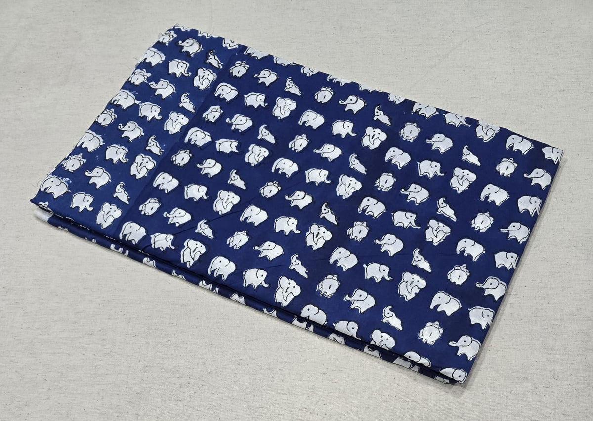 Neel Hathi Cotton  Navy Blue Elephant Printed Cotton Fabric (SANGANERI)