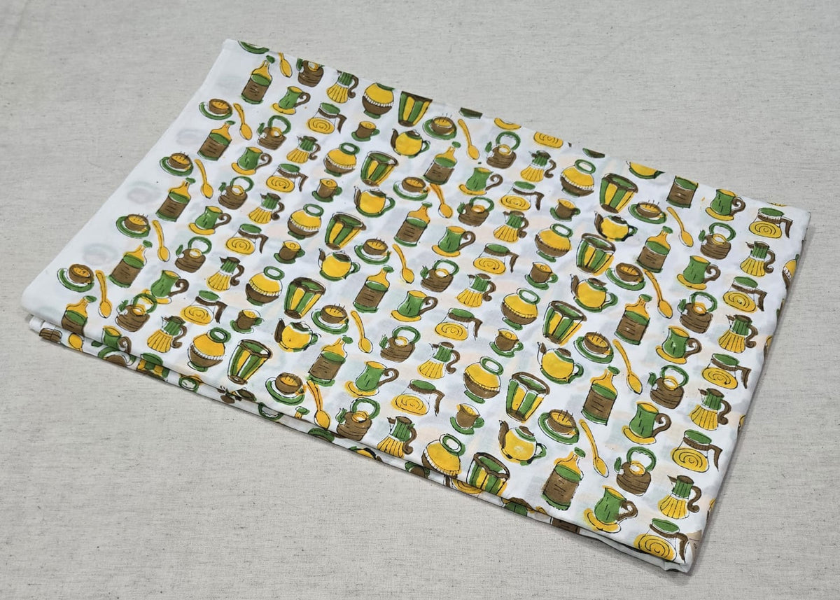 Chai Bazaar Cotton  Tea & Kitchen Motif Printed Cotton Fabric (SANGANERI)
