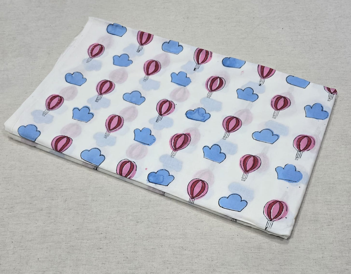 Gulabi Gagan Cotton  Pink Hot Air Balloon & Cloud Printed Cotton Fabric (SANGANERI)