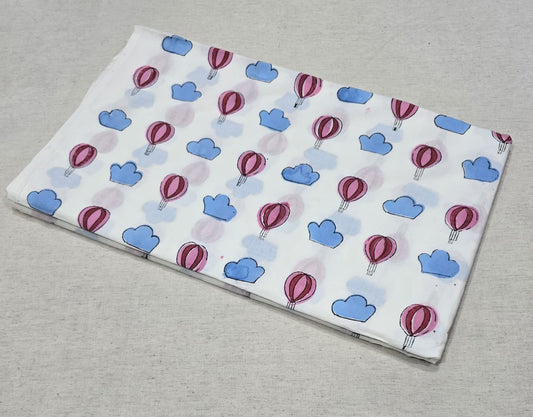 Gulabi Gagan Cotton  Pink Hot Air Balloon & Cloud Printed Cotton Fabric (SANGANERI)